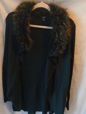 Alfani Dark Green Open-Front Cardigan with Faux-Fur Collar